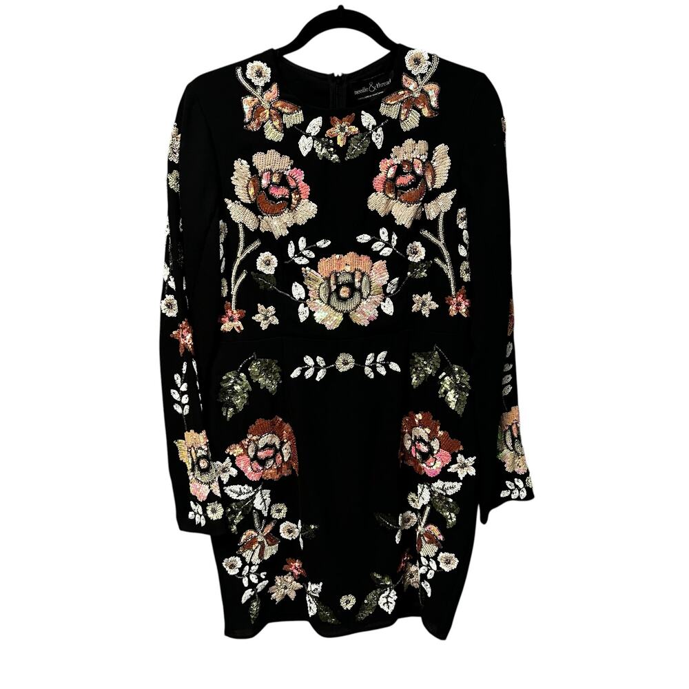 Needle & Thread Black Crepe Spring Sequin Floral Mini Dress Womens US 10